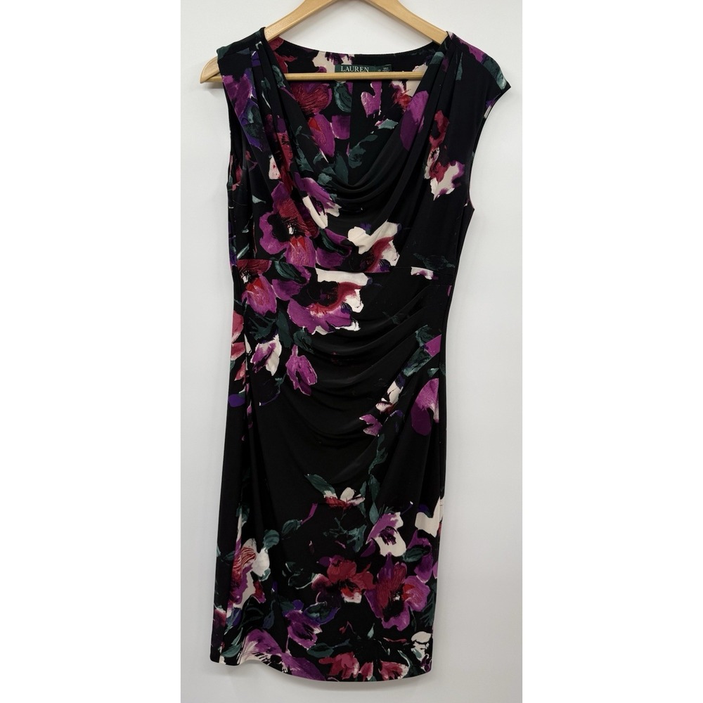 Lauren Ralph Lauren Women's Floral Print Cap Sleeves Sheath Dress Black SZ 10